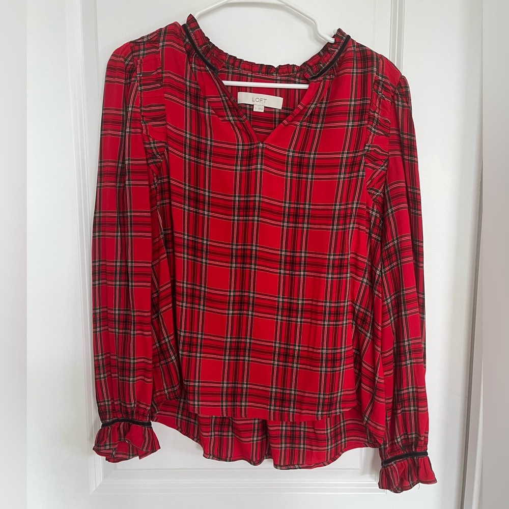 LOFT Red and Black Plaid Blouse